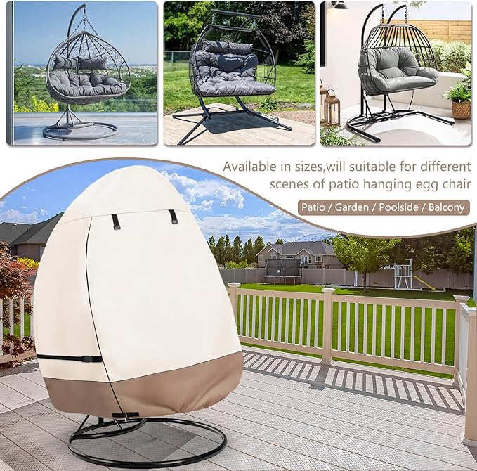 okcool Patio Hanging Egg Chair Cover, Waterproof Heavy Duty Outdoor Double Seat Swing Egg Chair with Stand Cover(Beige & Brown, 66″W x 43″D x 68″H)