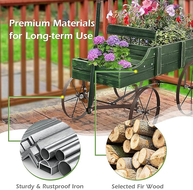DORTALA Wood Wagon Planter, Outdoor Garden Flower Planter Cart with Wheels, Small Decorative Wood Raised Bed Plant Pot Box Stand for Backyard, Patio, Balcony, Green