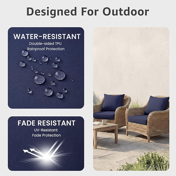 PatioGlow Outdoor Seat Cushion Set, 22" x 22" x 3.5", Set of 2, Water-Resistant & Fadeness Patio Furniture Cushions with Removable Cover & Ties, Thick Deep Seating Pads for Outside Sofa Couch, Blue
