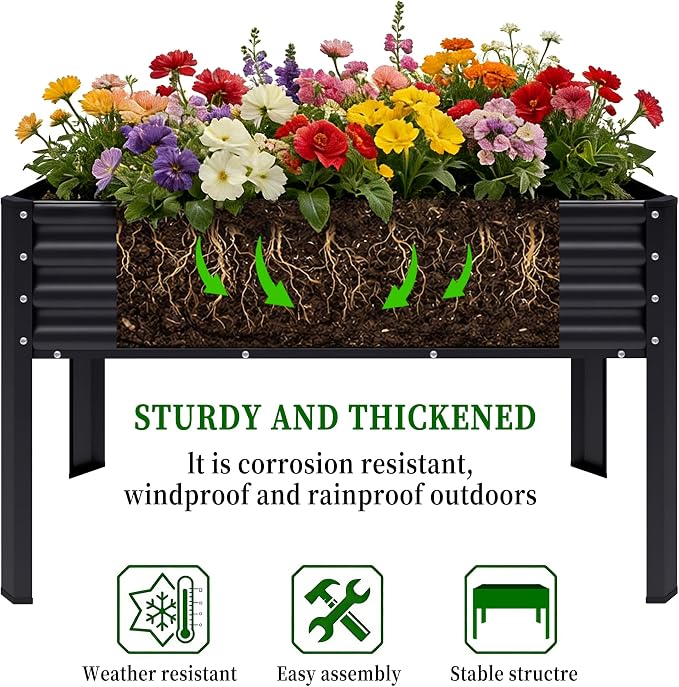 Galvanized Raised Garden Bed with Legs, 43×24×32in Large Metal Elevated Raised Planter Box with Drainage Holes for Backyard, Patio, Balcony, 400lb Capacity,Black