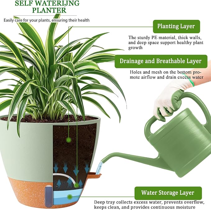 8/10/12 Inch Self Watering Pots for Indoor/Outdoor Plants - Large Plastic Planter with Drainage Holes, Water Level Indicator & Deep Reservoir, Modern Decorative Flower Pots (Green)