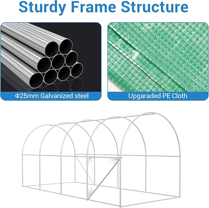 15×7×7Ft Walk-in Tunnel Greenhouse, Galvanized Steel Frame, PE Cover, Zipper Door, 8 Vents, Outdoor Year-Round Plant Shelter