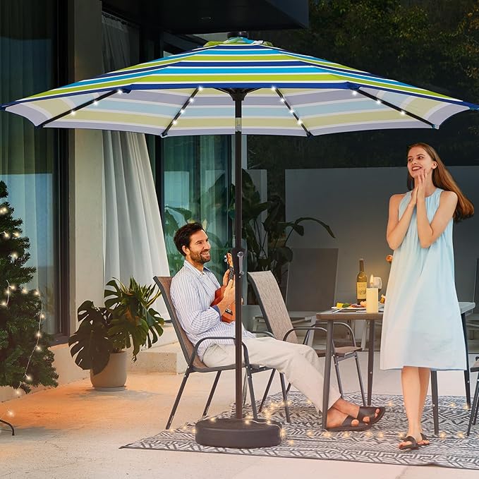 JEAREY 9FT Outdoor Patio Umbrella with Solar Lights, LED Lighted Pool Umbrella with Tilt and Crank, Outdoor Table Umbrellas for Deck, Yard & Market (Blue Green Striped)
