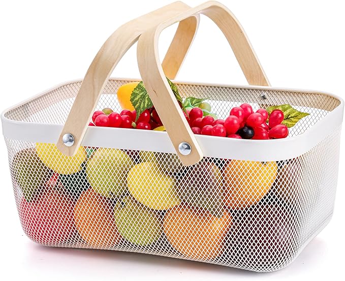 ZEAYEA Mesh Storage Basket with Handle, Garden Harvest Basket, Mesh Fruit Basket Bin for Gathering Vegetables, Multi-functional Metal Wire Basket for Kitchen Garden Picnic Cabinet, White