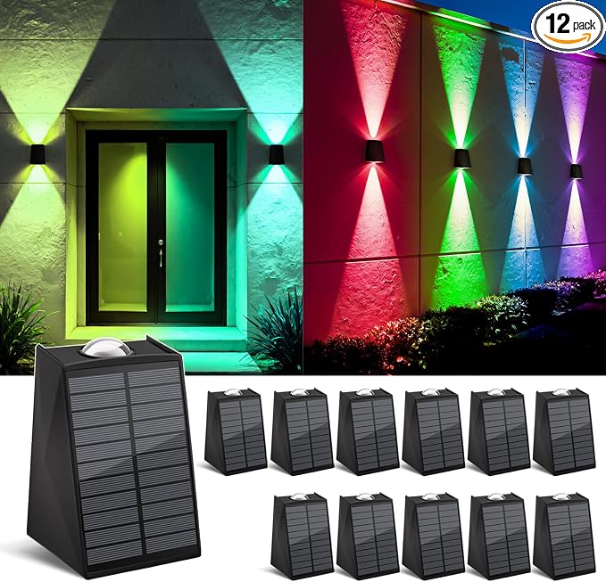 12Pack Color Changing Solar Wall Lights Outdoor Waterproof Up and Down 2 LED RGB and Cool White Sconce, Decor for Fence, Stair, House, Patio, Porch, Yard, Garden, Garage and Pool, Wall Mounted Install