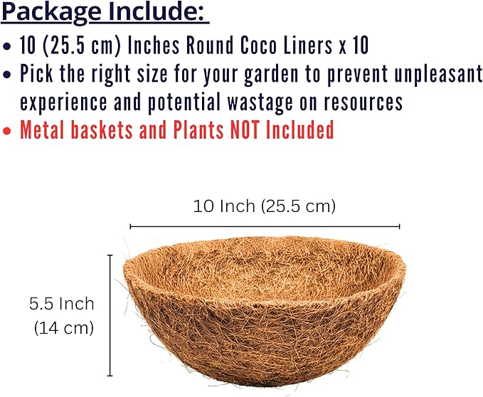 LaLaGreen 10'' (10 Pack, Round) Coconut Liners for Hanging Basket – Bulk Small Coco Coir Fiber Replacement for Pot, Garden Holder, Outdoor Planter – Multi Sizes 10/12/14/16/18/20’’ & Different Shapes