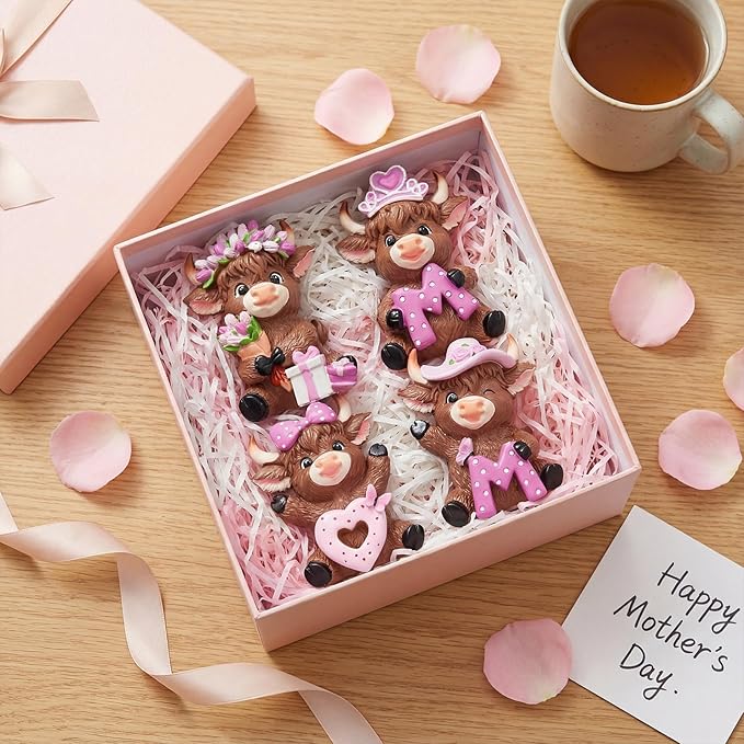 Simgoing 4 Pack Mother's Day Highland Cow Figurines Pink Highland Cow Statue Decor for Mom Miniature Cattle Statues Decoration for Mother's Day Tabletop Centerpieces Home Decor Calf Lovers Gifts