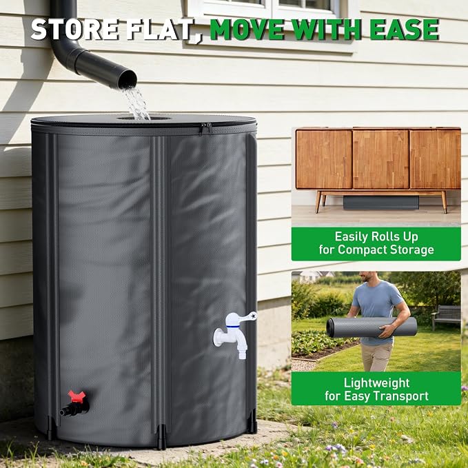 Yesker Collapsible Rain Barrel, 100 Gallon Portable Rainwater Collection System, 550D PVC Water Storage Tank, Rain Catcher with Spigots Filter Overflow Kit, Grey