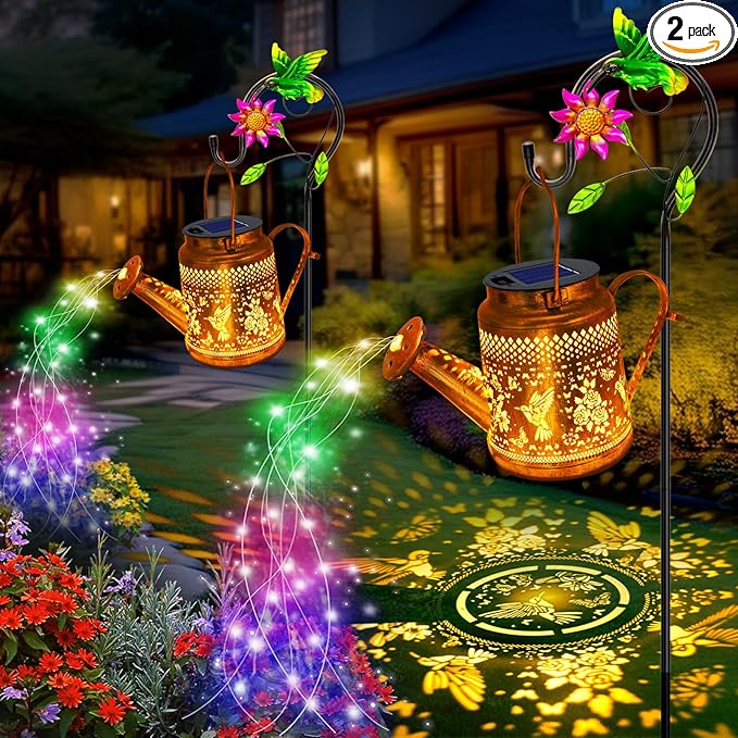 2 Pack Solar Lanterns Outdoor, Gifts for Mom Grandma Women Wife Daughter Mother's Day, Hummingbird Watering Can Lights with Shepherd Hook, Solar Path Light Yard Art Outside Patio Decor (Multicolour)