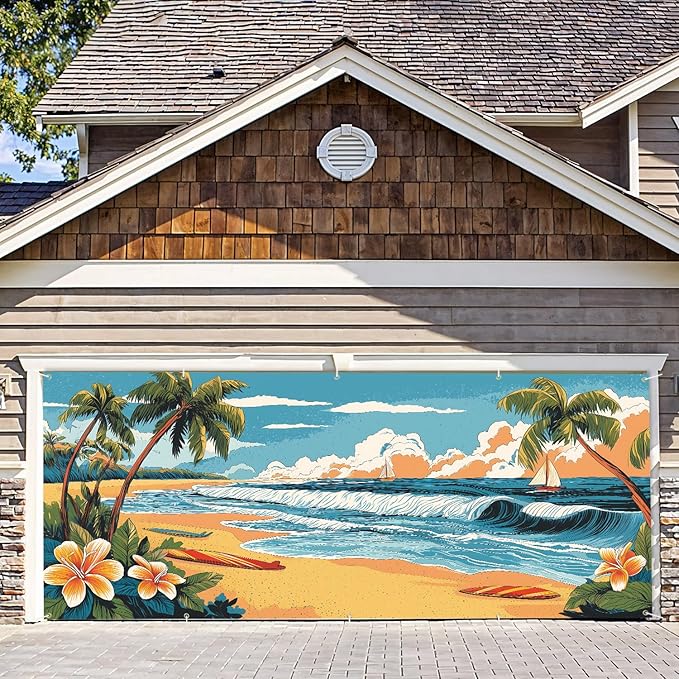 7 * 16FT Summer Palm trees Garage Door Cover Decorations Sunset Palm Trees Garage Door Banner for Outdoor Indoor Summer Party Photography Backdrop