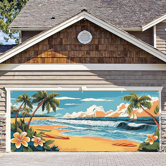 7 * 16FT Summer Palm trees Garage Door Cover Decorations Sunset Palm Trees Garage Door Banner for Outdoor Indoor Summer Party Photography Backdrop