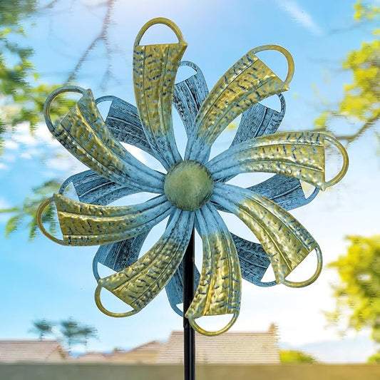 Wind Spinners Outdoor, Bronze Flower Double-Sided 360° Wind Spinner with Stake, Metal Garden Yard Decor (12.3" Dia x 54" H)