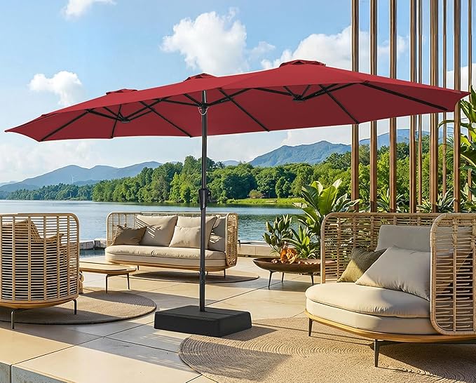 SUPERJARE 15FT Outdoor Patio Umbrella with Base Included, Double Sided Pool Umbrellas with Fade Resistant Canopy, Extra-Large Table Umbrella for Deck, Market, Backyard, Burgundy