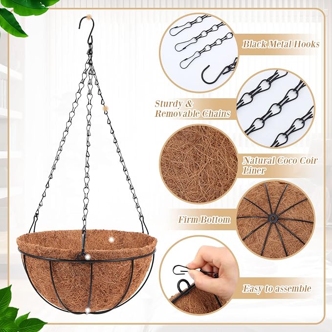 Dandat 16 Pack 10 Inch Metal Hanging Planter Basket with Coconut Coir Liner Metal Wire Plant Holder Chain Watering Outdoor Hanging Pots Flower Pot Hanger for Porch Indoor Outdoor Garden Decorations