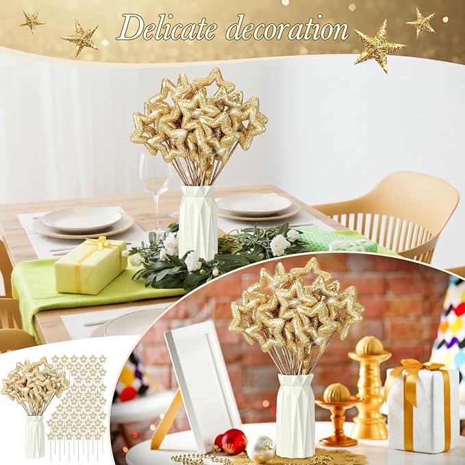 BrightRow 60 Pcs Golden Star Picks for Table Decorations Centerpieces 9.8" Glitter Sparkly Foam Stems Sticks for Floral Arrangements Graduation Baby Shower Party Wedding Supplies(Hollow Star)
