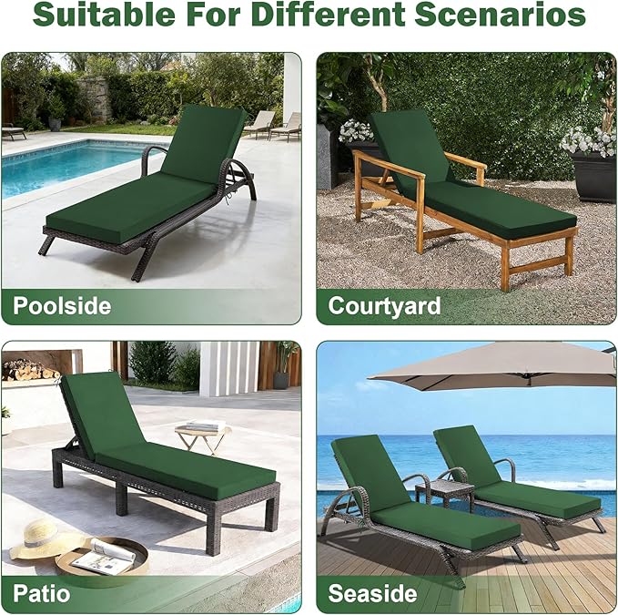 Chaise Lounge Cushions Outdoor, 80x 26x 3 Inch Waterproof & Fade-Resistant Lounge Chair Cushion, Outdoor Chaise Cushion with Removable Cover & Ties for Lawn, Patio, Pool & Beach, Forest Green
