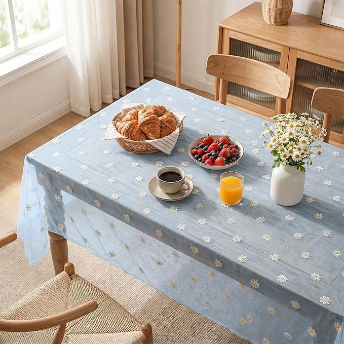 Horaldaily Blue Embroidery Daisy Spring Summer Gauze Tablecloth 52×70 Inch Rectangular, Seasonal Tulle Table Cover, Garden Party Decorations for Wedding, Party, Holiday Dining