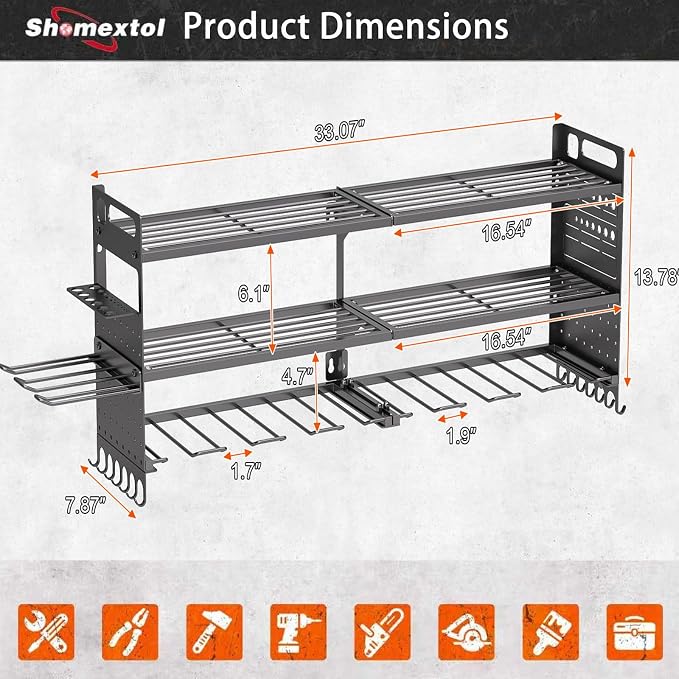 33" W Power Tool Organizer Wall Mount,Heavy Duty Cordless Tool Organizer with 10 Drill Holder, 300 Lbs Capacity 3-Layer Garage Organization for Garage and Workshop (Black)