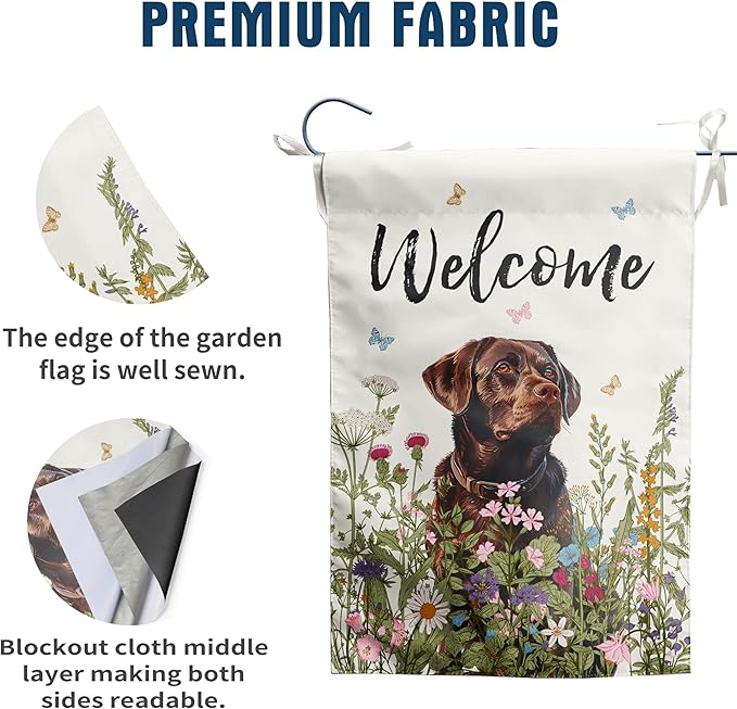 Floral Chocolate Lab Garden Flag Spring Summer House Flags 28 x 40 Double Sided Flower Labrador Dog Yard Flags for Outside Large Outdoor Welcome Flags