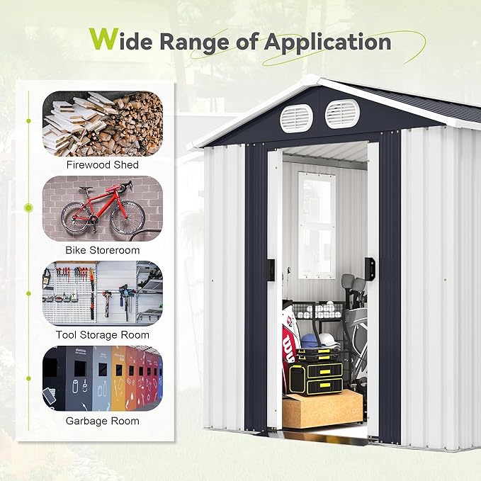 KEIKI 8x6 FT Heavy-Duty Outdoor Storage Shed, Metal Shed with Reinforced Frame, Lockable Doors & Air Vents, Weatherproof Garden Tool Shed for Backyard, White