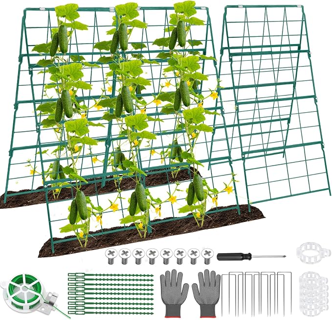 Cucumber Trellis for Raised Bed A Frame Metal Garden Trellis for Climbing Plants Outdoor, 42 x 32IN Foldable Coated Steel Cucumbers Trellis for Vegetable Fruit Flower