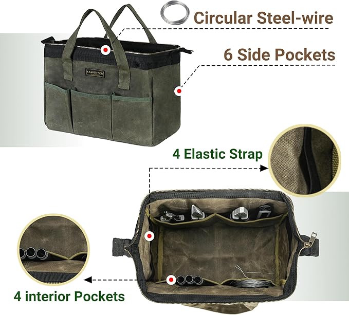 13-inch Tool Bag, Heavy Duty Wide Mouth Water-Resistant Tool Bag, Tool Tote with Handle for Tools, Wrenches, Screwdrivers (13 X 7 X 9 inch) | ArmyGreen