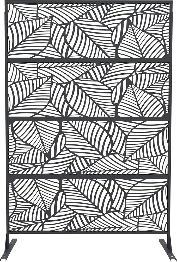 6FT Metal Privacy Screen Outdoor, Decorative Privacy Fence, Weather-Resistant Freestanding Panel with Stand, Durable Steel for Patio, Garden, Balcony, or Backyard, Leaf