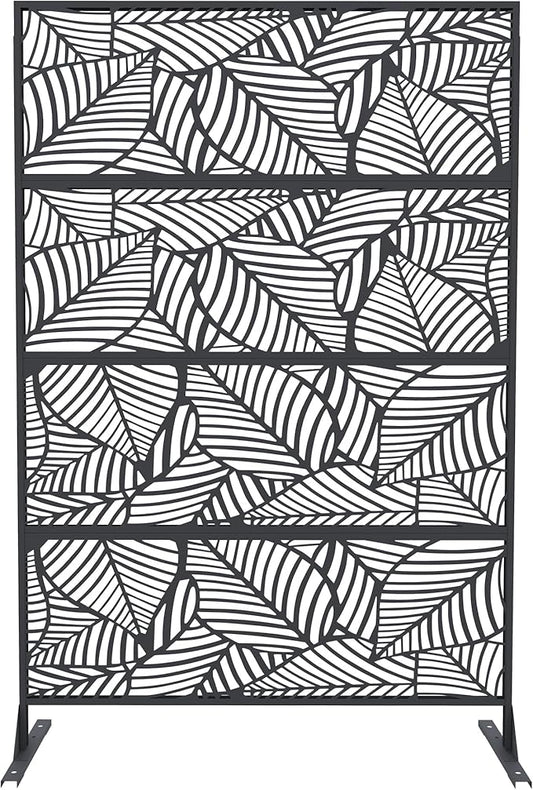 6FT Metal Privacy Screen Outdoor, Decorative Privacy Fence, Weather-Resistant Freestanding Panel with Stand, Durable Steel for Patio, Garden, Balcony, or Backyard, Leaf