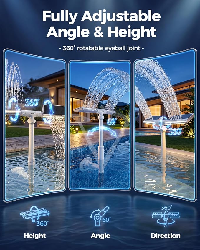 Solar Pool Fountain with Lights for Inground & Above Ground Pools — Dual-Powered Rechargeable, 10-Color Dynamic LED Waterfall, 15°F Cooling Aerator (White)