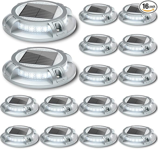 SIEDiNLAR Solar Driveway Lights Outdoor 4 Modes 40 LEDs Deck Driveway Markers Marine Dock Light Waterproof for Walkway Ground Pathway Step Garden Yard, White/Warm Dynamic Lighting (16 Pack)
