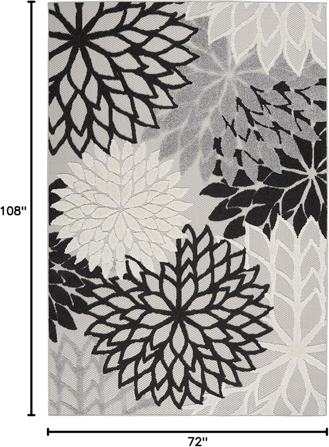 Nourison Home Aloha Indoor/Outdoor Black White 6' x 9' Area Rug, Tropical, Botanical, Easy Cleaning, Non Shedding, Bed Room, Living Room, Dining Room, Deck, Backyard, Patio (6x9)