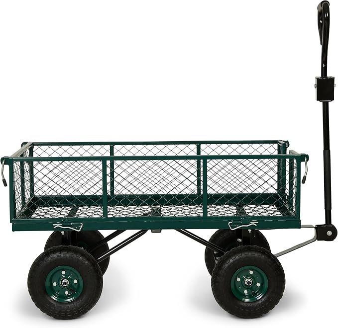 Backyard Expressions Heavy Duty Garden Cart 600 lb, 38" x 20" Steel Bed Utility Wagon with Removable Mesh Sides, Powder-Coated Frame, 10" Pneumatic Wheels, Pull Handle Yard/Lawn Hauler