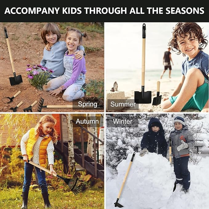 Kids Rake and Shovel Sets, 7PCS Child Metal Gardening Tools for Real Digging-Great for Garden, Yard, Sandbox, Lawn, Camping Play, Outdoor Toys for Ages 2-4, 5-7 Years Old