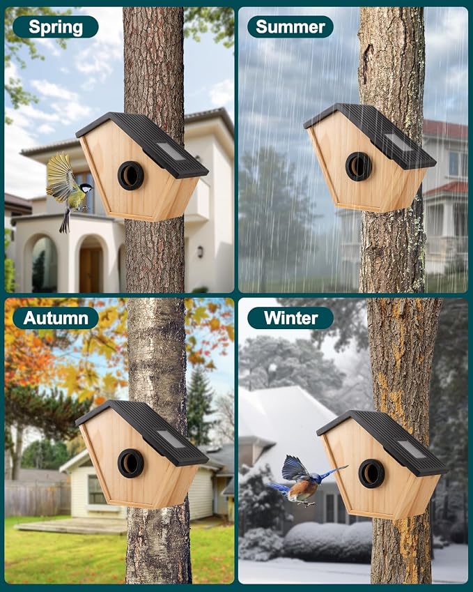 Bird House with Camera, Wireless Birdhouse for Outside with 2K HD Camera, 2.4G WiFi, App Notify, Solar Powered, Night Vision, AI Identify, Ideal Bird Nesting for Blue Bird and Cardinal