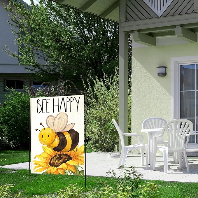 BEE HAPPY House Flags for Outdoor Decoration, Summer Watercolor Bee with Sunflower Large Yard Flag, Seasonal Decorative Celebration Decor for Spring Farmhouse Holiday Outside 28x40 Inch Vertical Double Sided