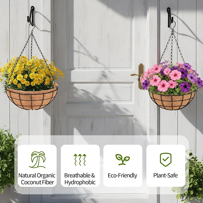 14 Inch Hanging Baskets for Plants Outdoor, 4 Pack Large Hanging Planters for Outdoor Plants, Round Metal Wire Hanging Flower Pots with Coconut Coir Liners for Garden, Deck, Porch, Balcony