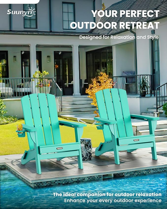 Folding Adirondack Chair 2 Pack, HDPE All-Weather Fire Pit Chairs, Plastic Adirondack Chairs with 2 Cup Holder, Outdoor Lawn Chair for Patio Garden - Lake Blue