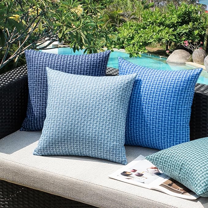 Kevin Textile Outdoor Waterproof Throw Pillow Covers Pack of 2 Farmhouse Decorative Cushion Covers for Garden Patio Tent Balcony Bench Couch Sofa 22x22 Inch, Light Blue