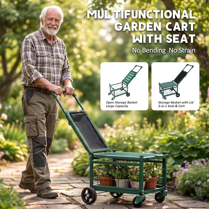 Rolling Garden Work Seat with Wheels, Heavy Duty Gardening Cart with Seat, Garden Stools for Seniors, Outdoor Wagon on Wheels for Lawn, Patio, and Backyard
