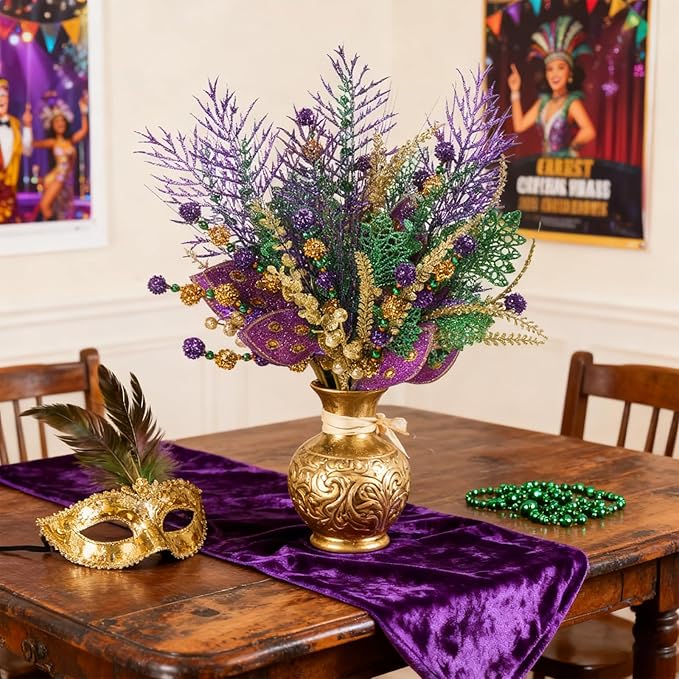 6 PCS Mardi Gras Picks Decoration, 19 Inch Large Glitter Purple Green Gold Floral Pick for Vase Filler, Table Centerpieces, Tree & Wreath DIY, Carnival Picks and Sprays Decor