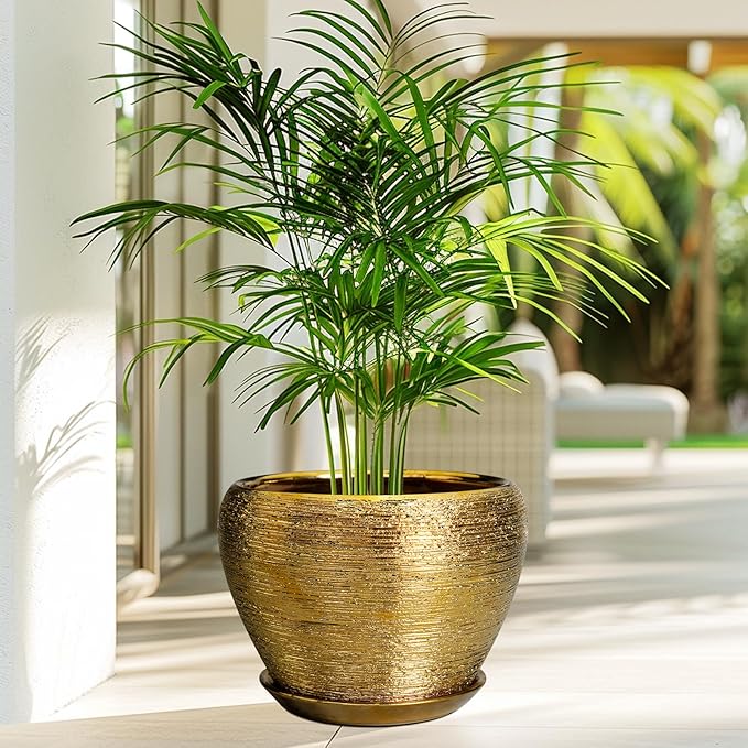 Ceramicfor Ceramic Planter 10 Inch - Indoor Plant Pot with Drainage Hole and Saucer Large Decorative Planter Mid-Century Modern Flower Pot Outdoor for Home Decor Gold