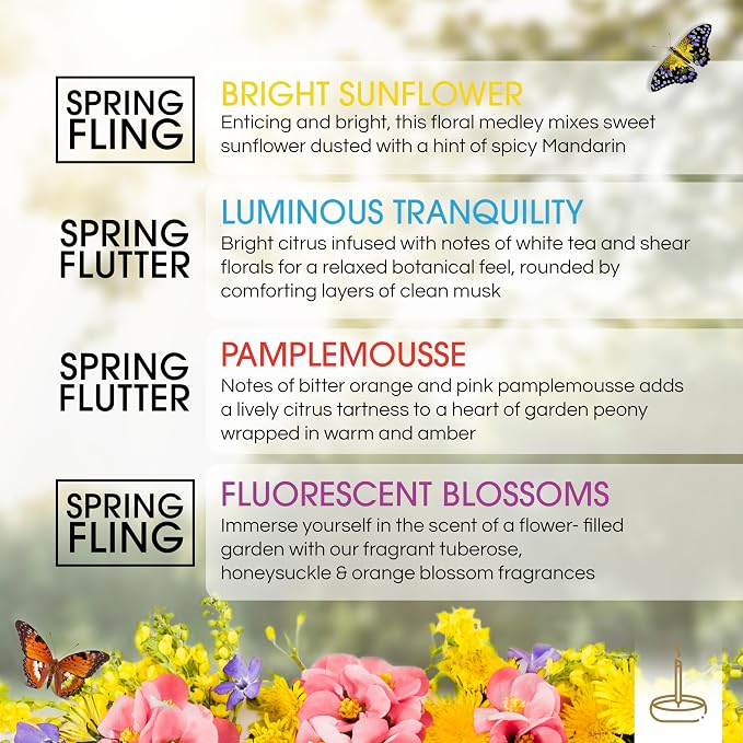 Gonesh Scents of Spring - Incense Sticks Variety Pack - Non-Toxic 10” Slow Burn Aromatic Sticks - Luminous Tranquility, Pamplemousse, Fluorescent Blossoms, Bright Sunflowers - 30 Count Each
