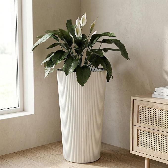 23.6" H Tall Planters for Outdoor Plants, 2 Pack Large Outdoor Planters for Front Porch Decor with Drainage Hole, Plastic Striped Flower Pots Fits Indoor Plants Patio Garden, Black