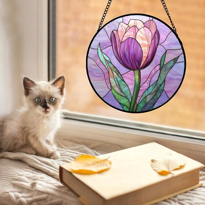 DASTOLL Stained Glass Window Hanging Purple Tulips Flower Large 15" - Suncatcher Door Garden Sun Catcher Home Decor Birthday Mother's Day for Mom Men Woman Parents Her Nana Friend