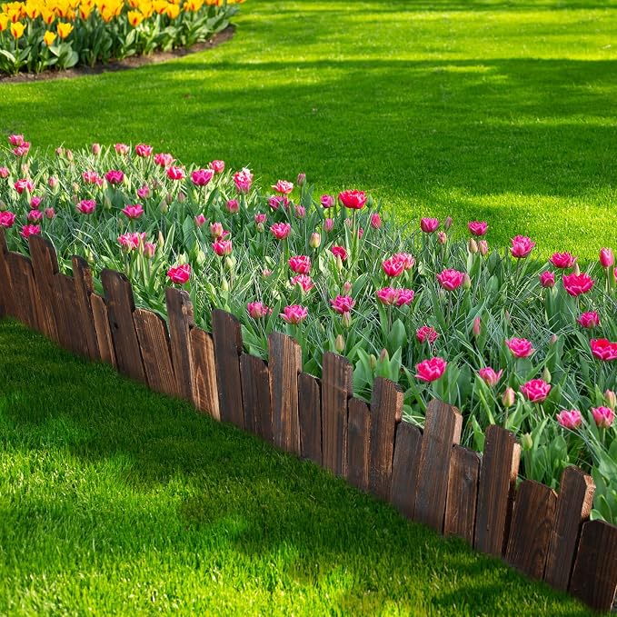 Bucherry 4 Pcs Wood Garden Edging Border No Dig Landscape Edging Anti Corrosive Lawn Picket Fence with Gloves Decorative Flower Bed for Yard Patio Pathway Tree Outdoor 7.9 x 47 Inch