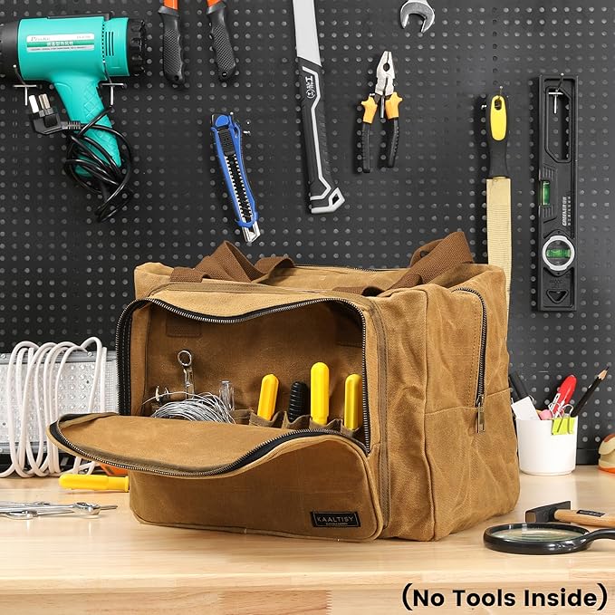 Tool Tote Bag - Large Capacity Tool Carrying Bag with 2 Zipper Pouches, Sustainable 16OZ Waxed Canvas Garden Tote for Gardening Set Hammer Fishing Gear Goggles - Khaki - 15.5"L x 7.5"W x 11.5"H