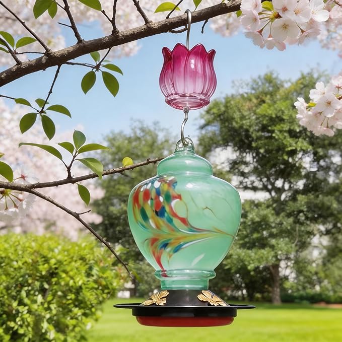 Glass Ant Moat for Hummingbird Feeder - 2PC x 3 OZ Gradient Fuschia Tulip Insect Guard with Large Capacity