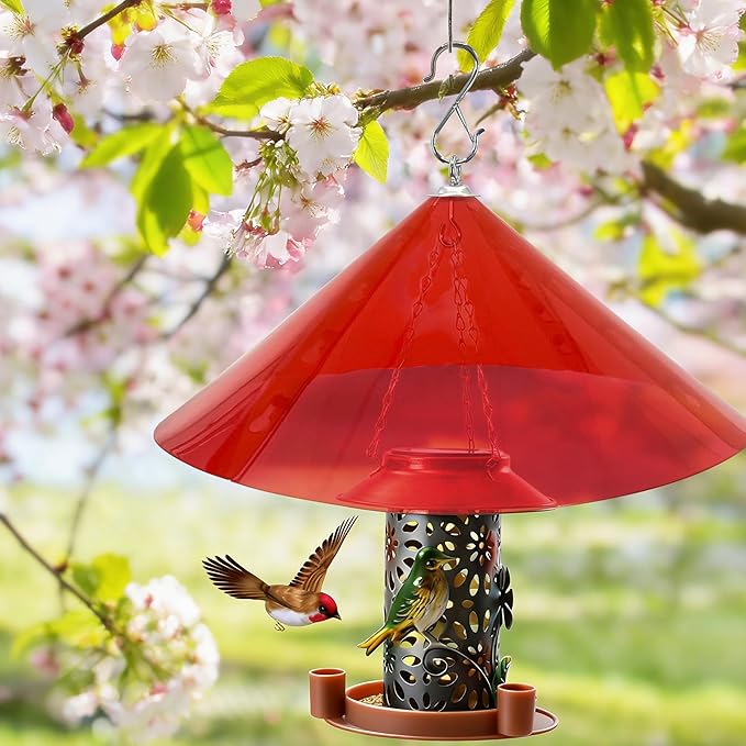Hanging Squirrel Baffle for Bird Feeders,19-Inch Rain Cover for Feeder Pole,Squirrel-Proofs for Outside Shepherd's Hooks,Large Baffle for Hummingbird Feeder (Clear Red)