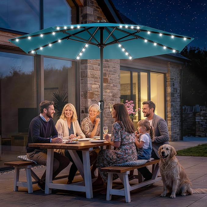 AreShark 11FT Large Patio Umbrella with Solar Lights, Lighted Solar Umbrella with Crank, Outdoor Table Market Umbrellas for Garden, Deck, Backyard, Pool and Beach, Lake Blue