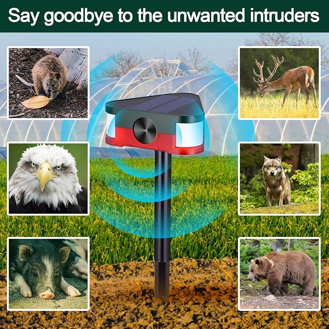 Qualirey 4 Pack 360° Solar Outdoor Motion Sensor Alarm 4 Modes Ultrasonic Animal Deterrent with 3 Loud 129dB Sirens Flashing Light Remote Control for Yard Garden Farm Repel Deer Coyote Raccoon Dog